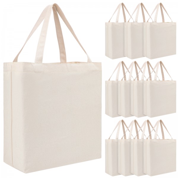 Workhive 12 Pack Blank Canvas Tote Bags Bulk, 13x11.8x5.5 inch Large Heavy Duty Cotton Tote Bags, Reusable canvas Grocery Shopping Bags with Handles & Bottom Gusset, Blank Cotton Bags for DIY Craft Beach